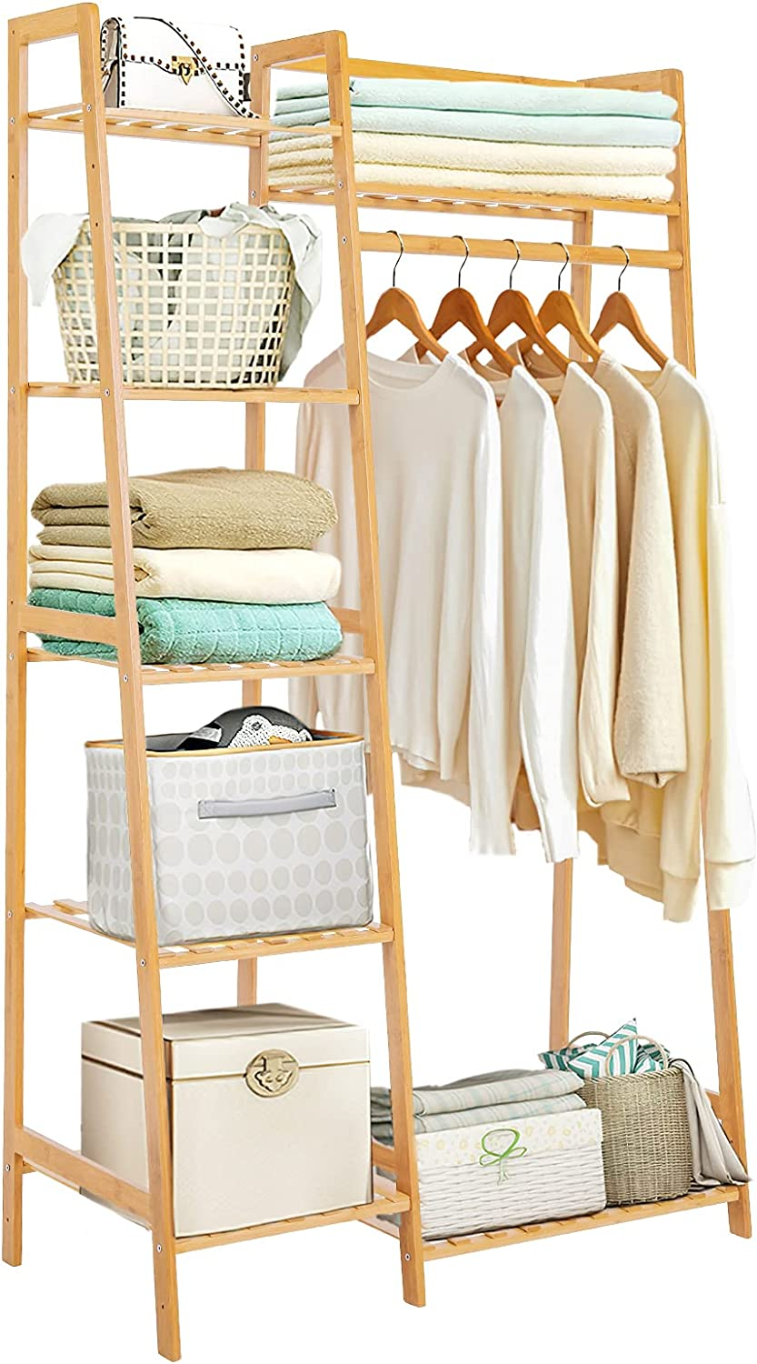 Bamboo Rack with 7 Tier Storage Shelves Clothing Hanging Stand for Small Spaces