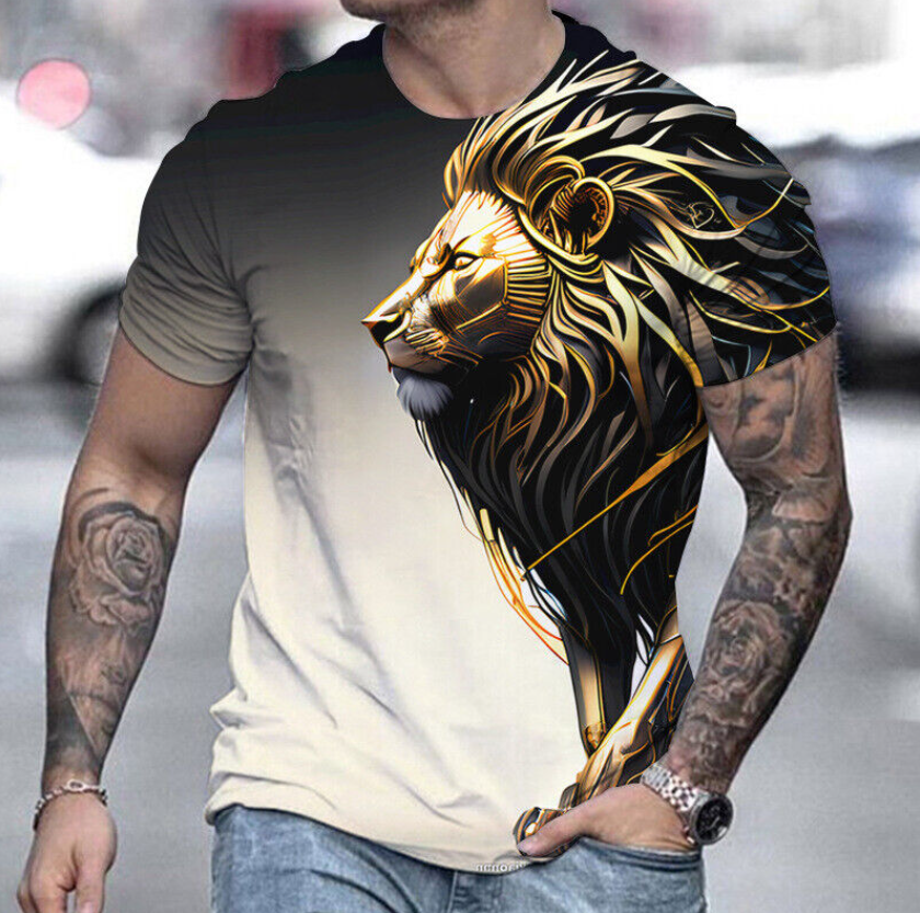 Men's Lion Print Short Sleeve T-shirt Street Trend Casual Tops Basic Tee Summer