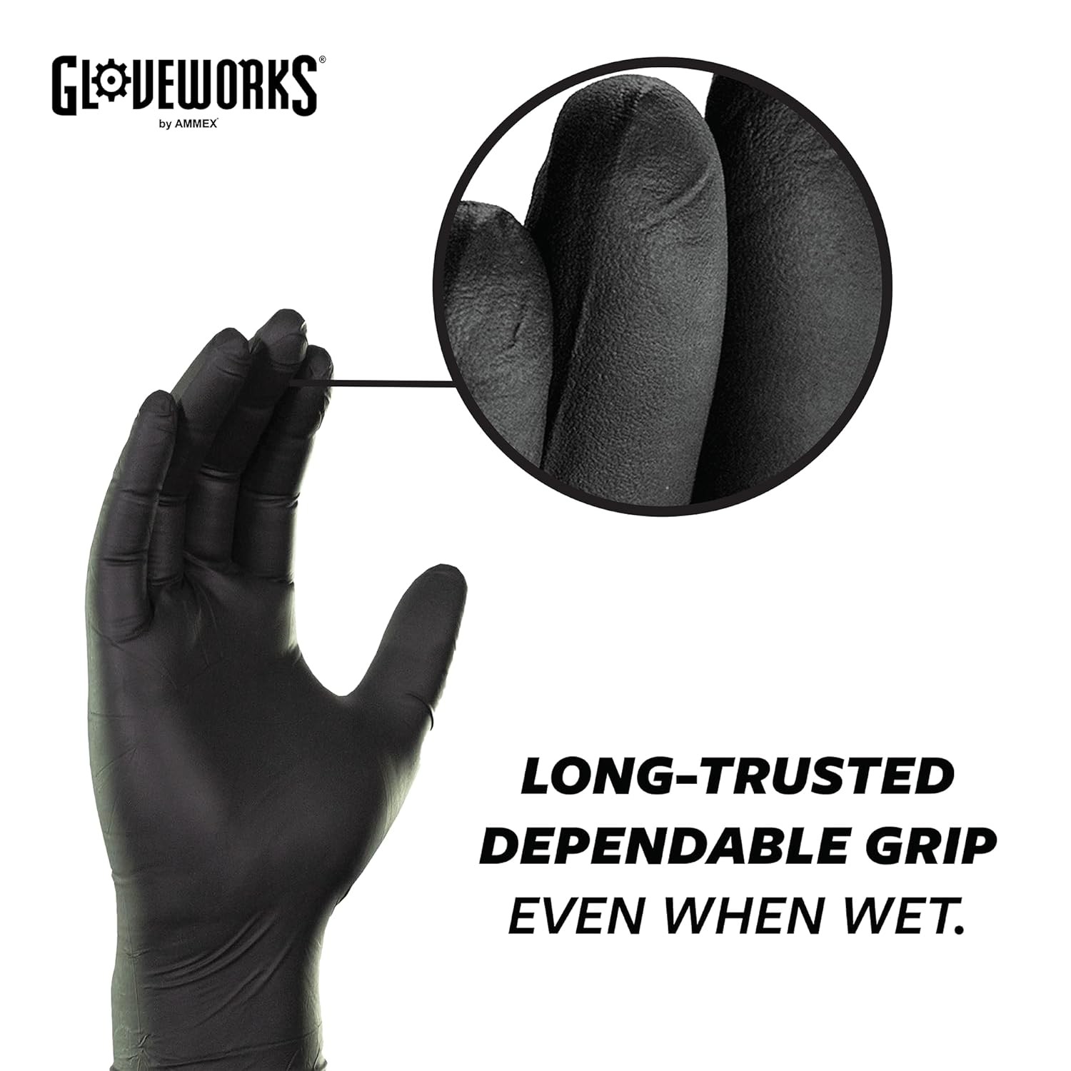 GLOVEWORKS Black Disposable Nitrile Industrial Gloves, 5 Mil, Latex & Powder-Free, Food-Safe, Textured, Large, Case of 1000